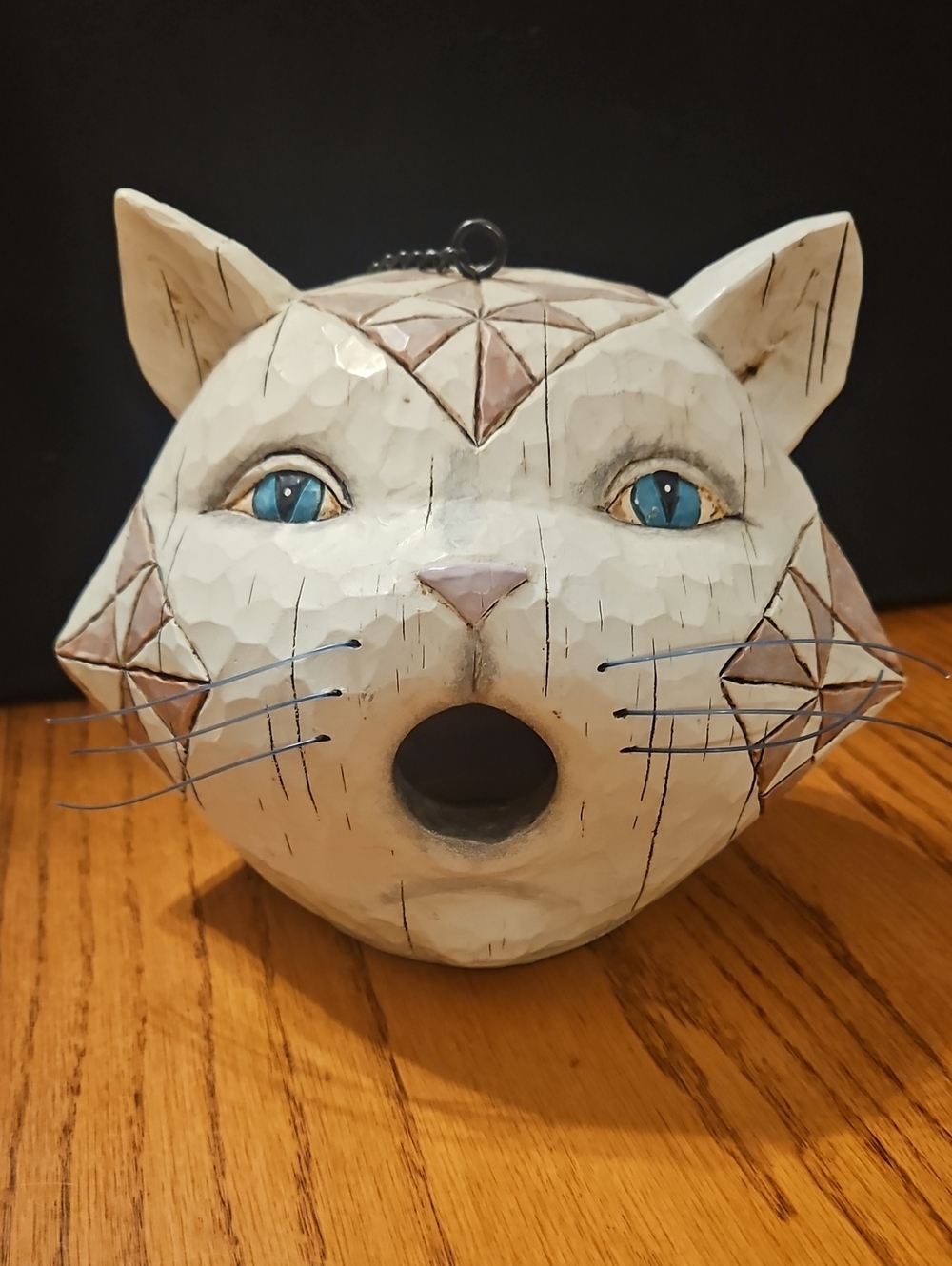Jim Shore White Cat Ceramic Bird Feeder with Blue Eyes and Tan Accents